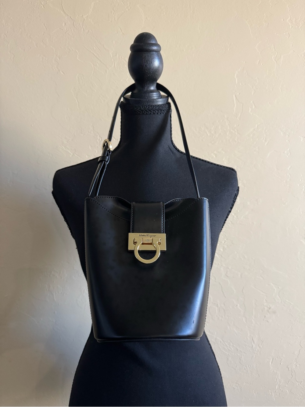 Salvatore Ferragamo Black Leather Shoulder Bucket Bag with Gold Hardware